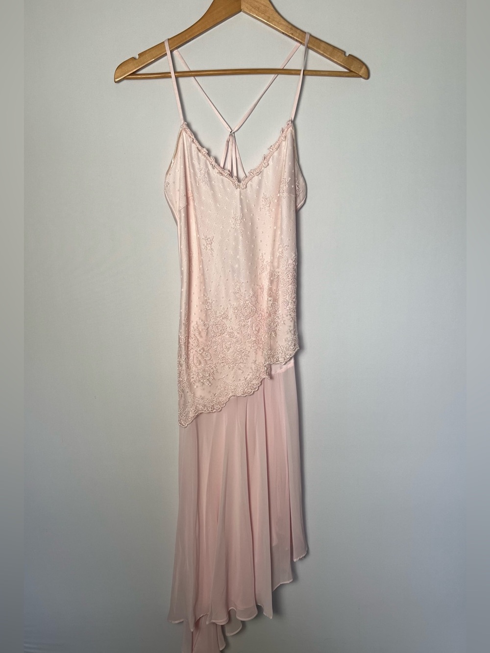 Delicates Asymmetrical Lace Chiffon Semi Sheer Pink Nightgown Size Small Flirty